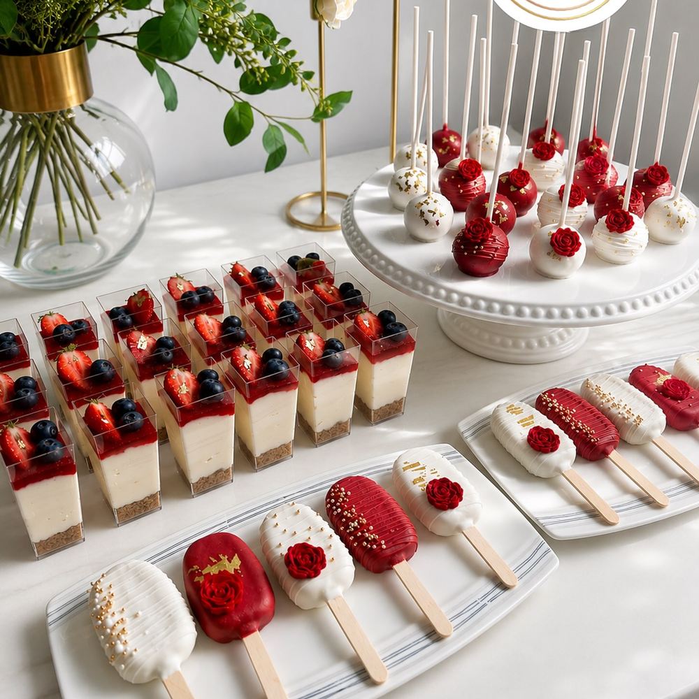 Dessert table with mini cheesecake cups, cake pops and cakesicles