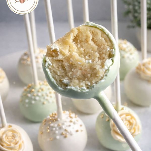 Sage and white cake pops, one cut open
