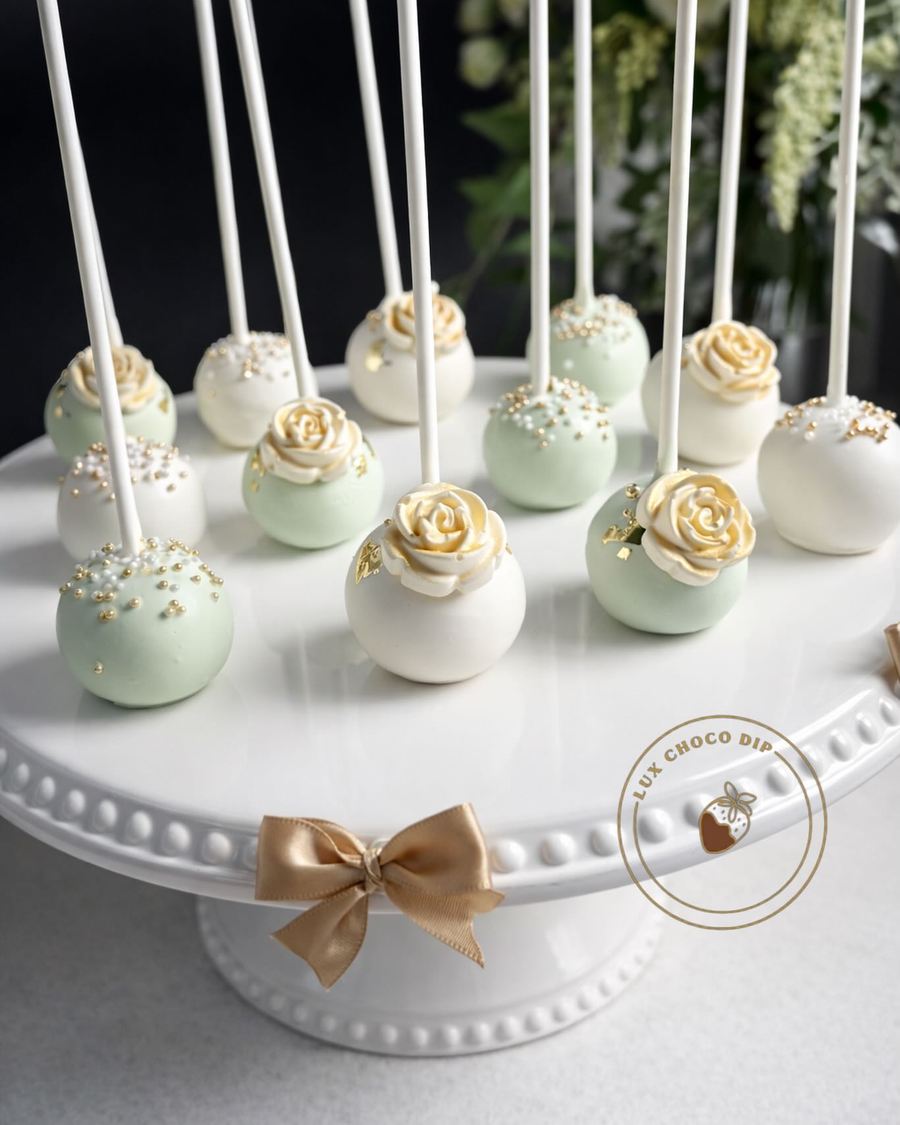 Sage and white cake pops with sugar roses on a cake stand