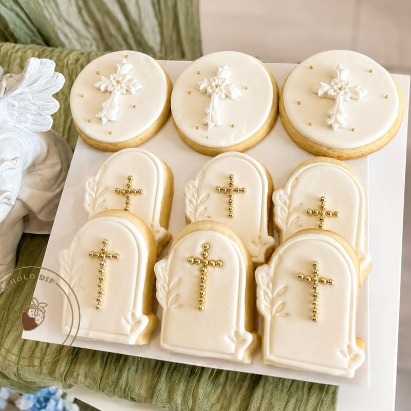 Iced cookies with gold crosses