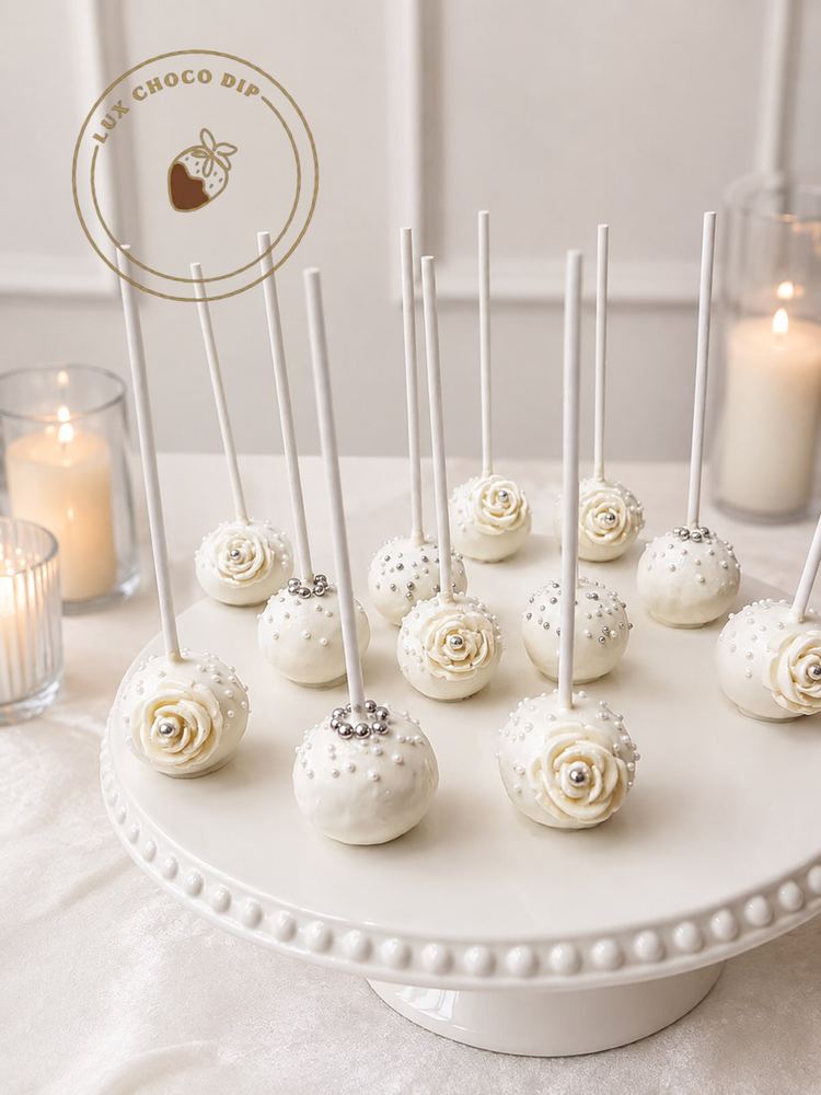 White cake pops with sugar roses on a cake stand